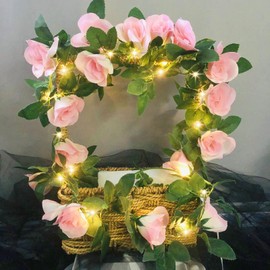 20LED 7.5ft Artificial Flower Rose Vine String Lights, Battery Powered Rose Flower Garland Plant Fairy Light for Valentine's, Wedding Bedroom Party Garden Indoor Decoration (Pink)