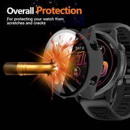 Compatible for Garmin Forerunner 570 Case with Dust Plug, Lamshaw Case with Tempered Glass Screen Protector + Dust Plug Compatible with Garmin Forerunner 570 42mm, 47mm (2 Pack-Black+Clear, 42mm)