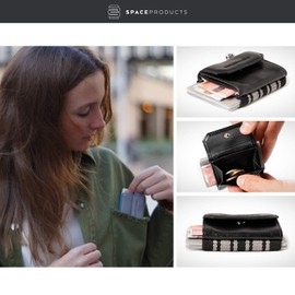 Space Products ® Mini Geldbörse schwarz I Sehr kleines Echtleder Wallet/Portemonnaie mit Münzfach I 15 Karten + Geldscheine + Münzen I Push Business Black