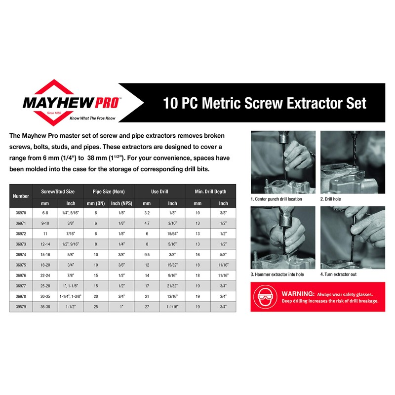 Mayhew Tools 37348 Bolt Extractor Set With Case (Metric), 10-piece