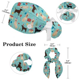 Scrub Caps Women, Surgical Caps with Buttons, Ponytail Nurse Hat, Bouffant Scrub Hats with Hair Scrunchy Adjustable, Dogs Labrador Colorful Dots Cartoon Animal Cute Blue Lovely