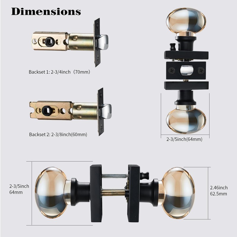 dairazan Champagne Gold Glass Door Knobs, Premium Privacy Crystal Door