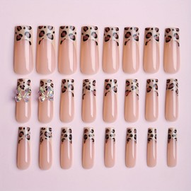 French Tip Press on Nails Square Medium Fake Nails False Nails with Bow Leopard Print Designs Full Cover Acrylic Nails Fall Stick on Nail Glossy Glue on Nail for Women Girls 24Pcs