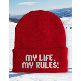 tshirtladen Mütze - My life, my rules - Beanie One Size - Wintermütze Soft Touch - Spruchmütze bestickt - Farbauswahl - lustige Mütze, Farbe: Rot