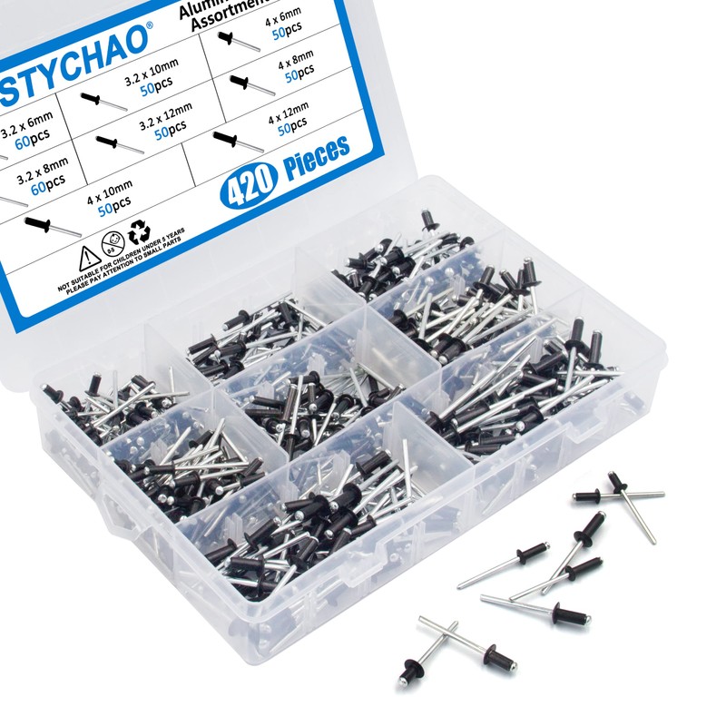 420pcs Pop Rivets, BESTYCHAO 8 Sizes Aluminum Blind Rivets, M3.2