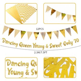 Dancing Queen Young & Sweet Only 70 Banner Set 12pcs Triangle Flag Glitter Birthday Party Decoration Wedding Anniversary Photo Backdrop For Indoor Outdoor Window Wall Door