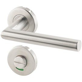 AGT Toilet Handle Set: Stainless Steel Door Fitting for Bathroom & Toilet, 2 Handles & Rosettes, Round (Handle Set Toilet Door, Toilet Door Set, Bathroom Door)