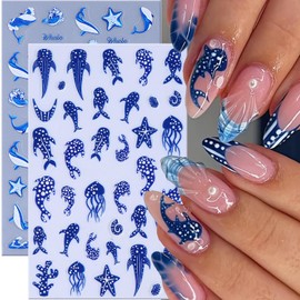 Summer Ocean Life Nail Art Sticker Decal 2Pcs 5D French Embossed Nail Decal Polka Dot Whale Jellyfish Starfish Nail Designs Blue Ocean Self-Adhesive Nail Supplies for Women DIY Manicure Decoration