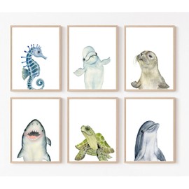Wodkwq Nursery Wall Art Sea Animal Canvas Prints Baby Girl Boy Room Decor Watercolor Paintings Pictures Cute Ocean Theme Toddler Room Decoration Set of 6 for Kids Bedroom Bathroom 8x10in Unframed