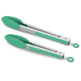 9-Inch & 12-Inch Premium Stainless Steel Food Tongs, Turquoise Silicone BPA Free Non-Stick BBQ Cooking Grilling Locking Kitchen Tong