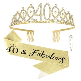 KIUEZIR 40th Birthday Tiara & Sash Set - Gold Rhinestone Crown with Comb & Adjustable Glitter Sash, 40&Fabulous Party Accessories for Women Birthdays/Anniversaries/Celebrations & Photo-Ready Gift