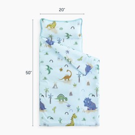 Wake In Cloud - Toddler Nap Mat with Pillow and Blanket, for Kids Boys Girls in Kindergarten Daycare Preschool Pre K, Roll Up Sleeping Bag, Jurassic Dinosaur Dino, Light Blue Brown, Standard
