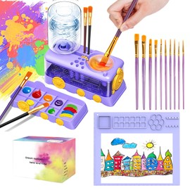 Velachuan Paint Brush Cleaning Kit for Kids with 5 Brushes, Art Smock, Washable Mat, Guidebook, Spiral Brush Cleaner Jar for Watercolor (Purple)