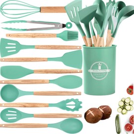 Utensilios de Cocina de Silicona, Juego de 12 Herramientas de Cocina Antiadherentes Resistentes al Calor，Viene con espátula/cuchara/agitador/clip, etc., adecuado para utensilios de cocina. (verde)