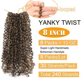 Aksice 8 Inch 8 Packs Yanky Twist Crochet Hair for Women Pre-looped Mini Twist Hair Bohemian Passion Twist Crochet Hair Boho Crochet Braids Synthetic (4H27)