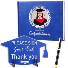 Pasimy Leather Graduation Guest Book with Grad Stand and Signature Pen Guest Sign in Book 2025 Grad Memory Registry Guestbook for College High School Graduation Party Gifts Supplies(Blue Silver)