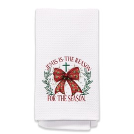 Christian Christmas Kitchen Towels, Jesus is the Reason for the Season Decor Hand Towels for Bathroom, Coquette Red Bow Christmas Dish Towels Tea Towels, Christmas Kitchen Bathroom Decor, 16x24 Inches