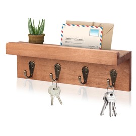 HRONRAD Rustic Key Holder for Wall, Farmhouse Wall Shelf with 4 Hooks, Wall Mounted Key Racks, Wooden Mail Organizer with Hooks for Entryway (Brown - Oak)