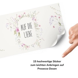 heaven+paper Prosecco Tin Stickers JGA Wildflowers "Auf die Liebe" Decorative Jga Accessories & Wedding Decoration Extraordinary (15 x Set) for All Standard Champagne Tins - Prosecco Tins Stickers