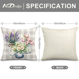 AnyDesign Spring Pillow Covers Gray Buffalo Plaids Sweet Home Love Throw Pillow Case Truck Tulip Lavender Floral Cushion Cover for Farmhouse Couch Sofa Car Decoration, 20 x 20 Inch, Set of 4