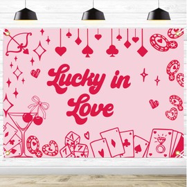 7x5ft Lucky in Love Backdrop - Cherry Las Vegas Bridal Shower Decor, Casino Theme Blackjack Game Night Wedding Engagement Bachelorette Party Decorations