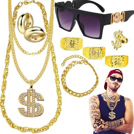 DONGZQAN 90s Fancy Dress Men, Gold Chain Fancy Dress, Rapper Costume, Dollar Symbol Necklace/Hip Hop Earrings/Hip Hop Ring, Hippie Glasses for Hippie Rapper Disco Outfit