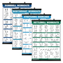 Palace Learning 4 Pack - Dumbbell Workouts + Bodyweight Workouts + Stretching Exercises + Kettlebell - Set of 4 Workout Charts (18” x 24”, LAMINATED WITH PLASTIC FRAME)