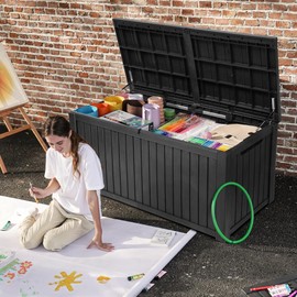 DWVO 180 Gallon Extra-Large Patio Deck Box, Waterproof Resin Outdoor Storage Box with Removable Divider for Patio, Garden, Pool, Furniture and Tools, Black