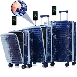 Linique 3 Piece Luggage Sets with ABS+PC Hard Shell, Carry on Luggage with TSA Lock, Cup Holder, USB Port, Suitcase Set with Spinner Wheels, Gradient Blue (20"/24"/28")