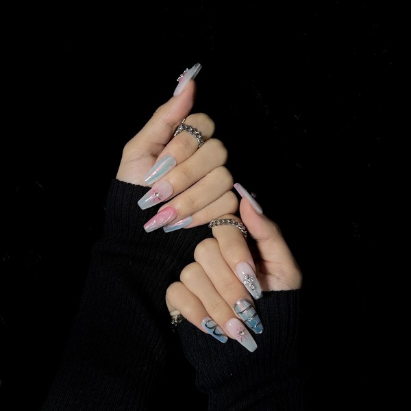 WhyNotNailIt Pastel Dreamscape Handmade Press-On Nails with Crystal Cross, 10-Pc