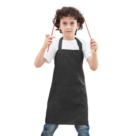 BIGHAS Kids Apron for Boys and Girls Adjustable Neck Strap Hook and Loop Fastener Design Waistband for Baking, Cooking, Chef (Black, Medium)