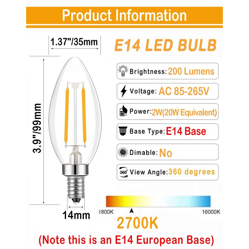 Lamsky E14 European Base LED Filament Edison Bulb, 2W Warm
