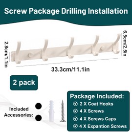 DDUP 2 Pack Wall Mounted Coat Hooks 10 Total Hooks, Heavy Duty Rust Proof Aluminium Alloy Hook Rack, Hanger Organizer for Jackets Bags Hats Towel, Bathroom Bedroom Kitchen Entryway (White)