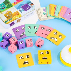 TYFYH Wooden Cube Puzzle, Expression Wooden Puzzle, Wooden Cube Game, Faces Puzzle Building Cube, 3D Puzzle Face Changing Magic Cube, Mastugart Game for 3 4 5 6 7 Children with Table Bell (2)