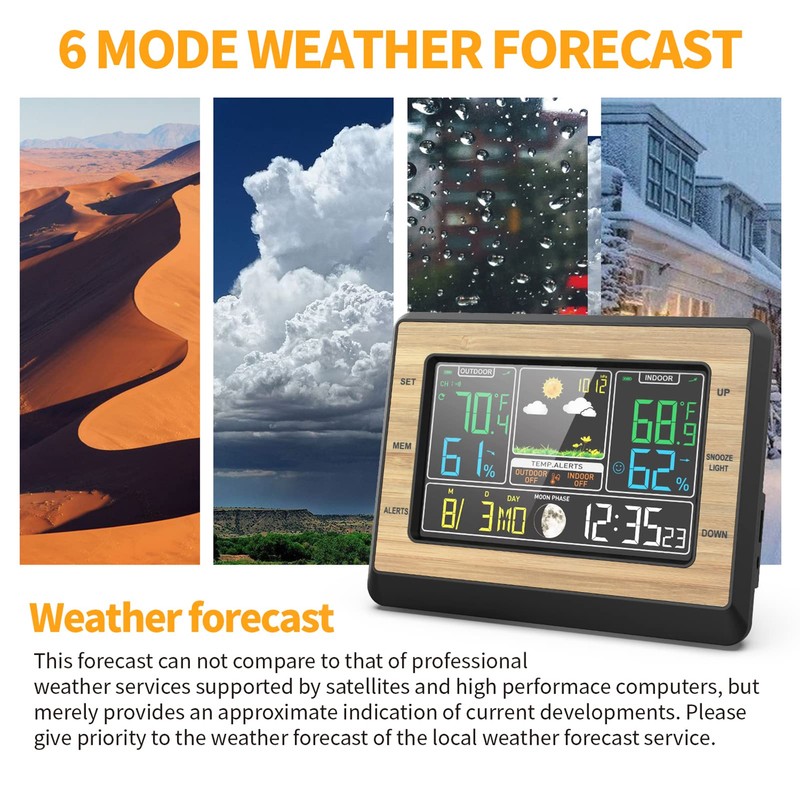 Wireless Weather Station, Indoor Outdoor Thermometer, 6 Inch Color Screen
