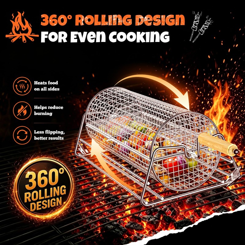 2-in-1 Rolling Grill Basket 304 Stainless Steel Rotatable with Dual