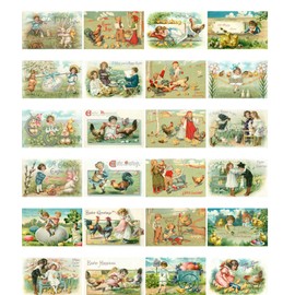 PIXILUV Vintage Easter Greetings Cards 24 pcs Happy Easter Greetings Retro Funny Cartoons with Kids Chickens and Rabbits Postcards REPRINT
