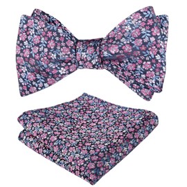 Alizeal Mens Floral Pattern Self-tied Bow Tie with Pocket Square Colorful Tie Set, Navy+Hot Pink