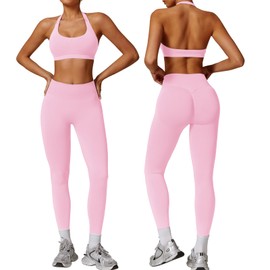 Gym Sets for Women 2 Piece Halter Backless Sports Bras Hidden Scrunch Leggings Seamless Yoga Workout Outftis Tracksuits Set