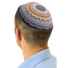 HolYudaica Hand Made 100% Cotton DMC Hand Knitted Kippah Hat Designed in Israel, Yamaka Jewish Hats for Men, Yarmulke Hat (Blue Grey, 19cm-7.5inch-Flat)