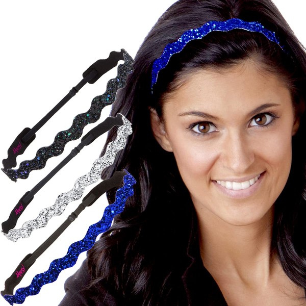 Hipsy Women's Adjustable No Slip Bling Glitter Wave Cute Headband 3-pack (Wave Peacock/Silver/Royal Blue 3pk)