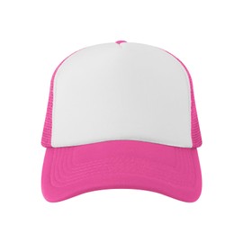 TopTie Blank 5 Panel Trucker Hat Foam Front Mesh Back 2 Tone Trucker Snapback Hat-Hot Pink White