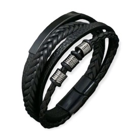 Textiles 4 Home Mens Leather Bracelet Four Layer Braided Leather Fashion Wristband Magnetic Clasp Gift Boxed (Black)