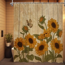 DuriLolly Rustic Sunflower Shower Curtain 71x71 Inch Retro Floral Butterfly Yellow Sunflower Green Leaves Farmhouse Plant Shower Curtains Waterproof Fabric Bathroom Decor Curtains with Hooks