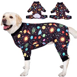 LovinPet Big Dogs Onesies: Big Dog Pajamas, Post Surgery/Wound Care, Lightweight Stretchy Fabric, Interstellar Black Print, Dog Jumpsuit, Anti Licking, Pet PJ's/XL