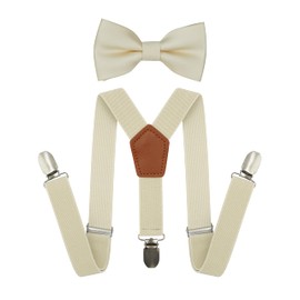 BEWDIO Beige Kids Bow Tie and Suspenders Set, Bowtie and Suspenders with 4 Strong Metal Clips (71-04)