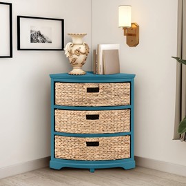 eHemco Hampton Meadows 3 Tier X-Side Corner Table Storage Cabinet with 3 Wicker Baskets, Teal