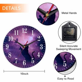 Mxocom Cat Silhouette Wall Clock Butterfly Starry Sky Galaxy Stars Shine Beautiful Night 10 Inch Silent Non Ticking Battery Operated Clock Vintage Round Clock for Living Room Bedroom Bathroom Decor
