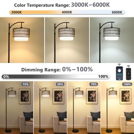 eyassi Floor Lamps for Living Room, Arc Standing Lamp with Remote & Dimmable Bulb, Boho Rattan Floor Lamp for Bedroom with 3 Color Temperatures, Farmhouse Tall Lamp, Height Adjustable Stand up Lamp