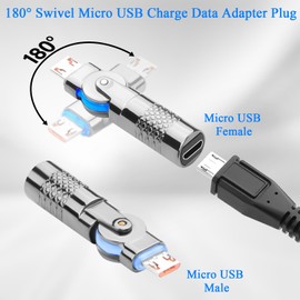 QIANRENON 180° Swivel Micro USB Charging Data Adapter Plug Micro USB Male to Female Rotatable Right Angle Connector Micro to Micro Rotating Extender, 5V 3A 480Mpbs Metal Shell LED Light, 2Pcs